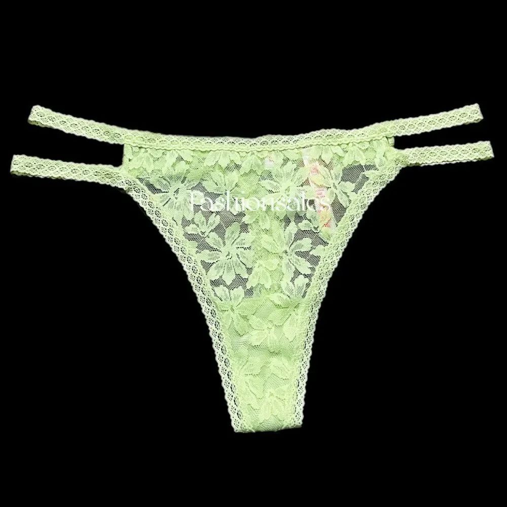 Victorias Secret Pink Sheer Floral Lace Double Strap Thong panty green XXl